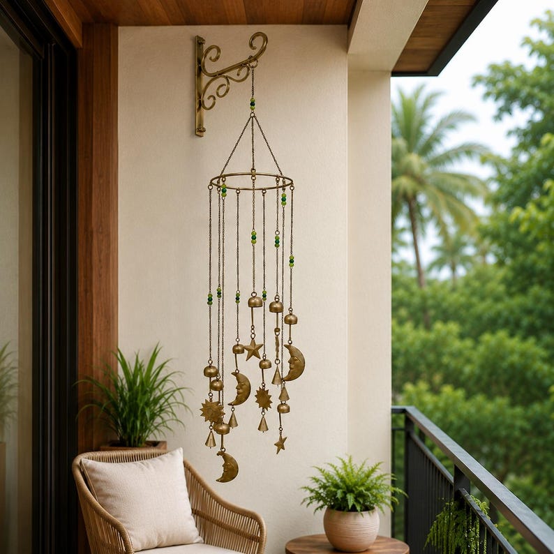 Carillon éolien galaxie en fer et perles de verre, décor lune, soleil et étoiles, suspension 92 cm, intérieur extérieur