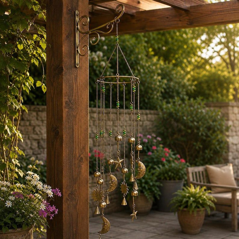 Carillon éolien galaxie en fer et perles de verre, décor lune, soleil et étoiles, suspension 92 cm, intérieur extérieur
