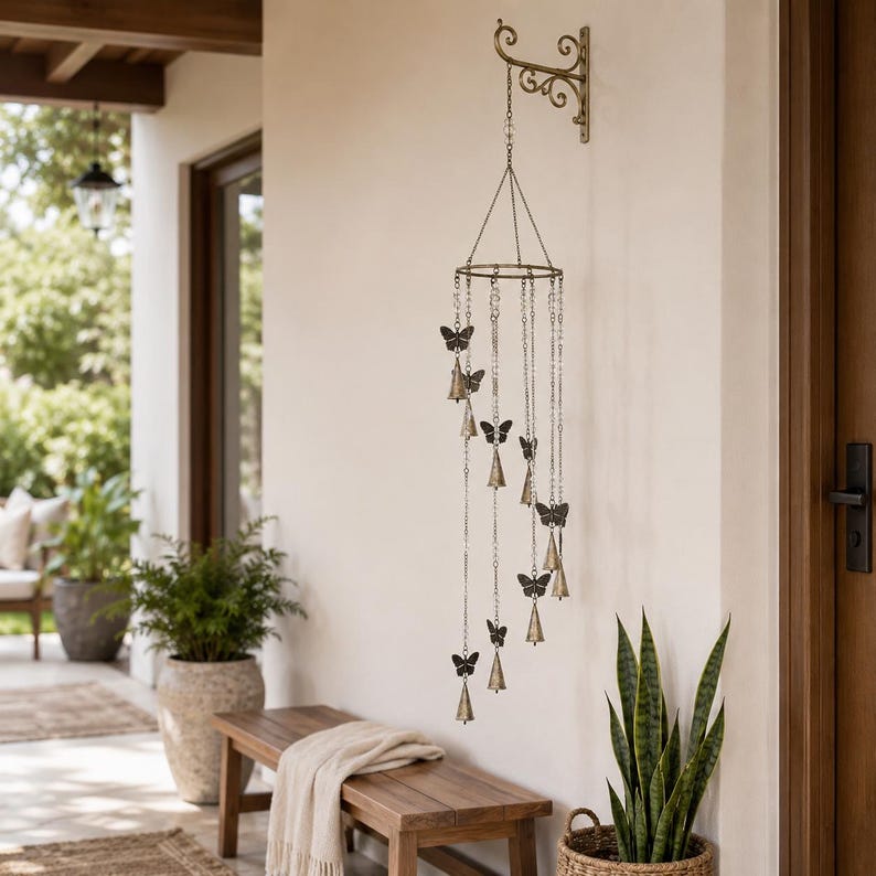 Carillon éolien papillon suspendu en fer et perles de verre, 97 cm, décoration bohème pour jardin et balcon