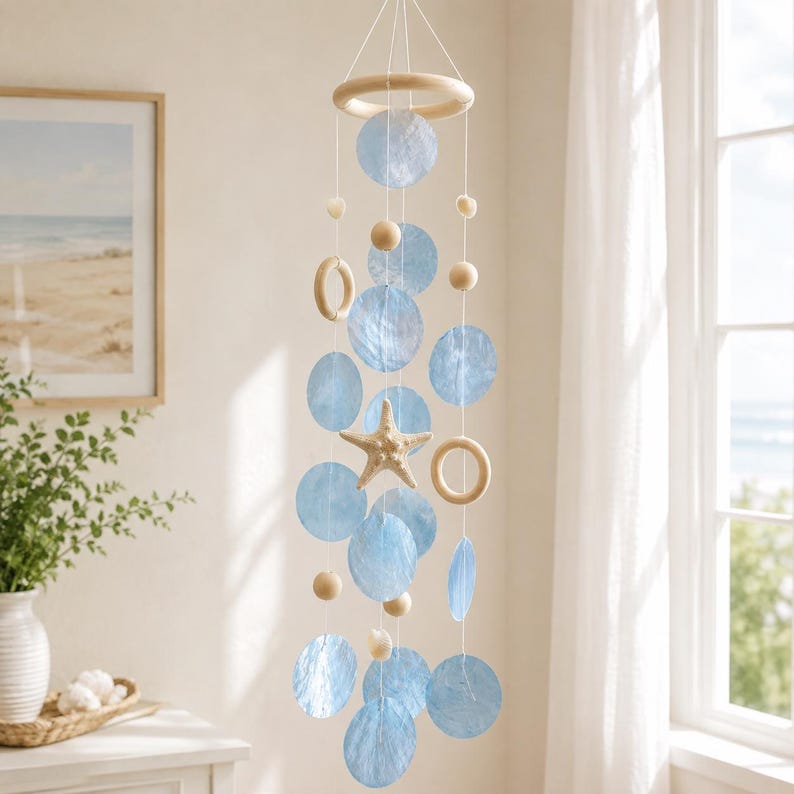 Carillon éolien en coquillages bleus avec étoile de mer, décoration suspendue côtière pour fenêtre et intérieur
