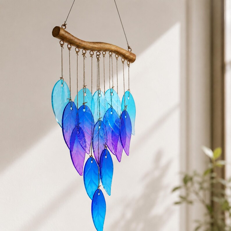 Carillon éolien suspendu en verre bleu motif étoile de mer et poisson, décoration murale côtière pour maison de plage