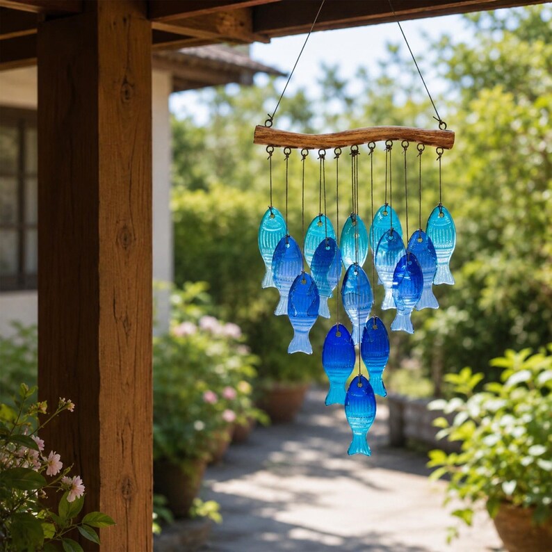 Carillon éolien suspendu en verre bleu motif étoile de mer et poisson, décoration murale côtière pour maison de plage
