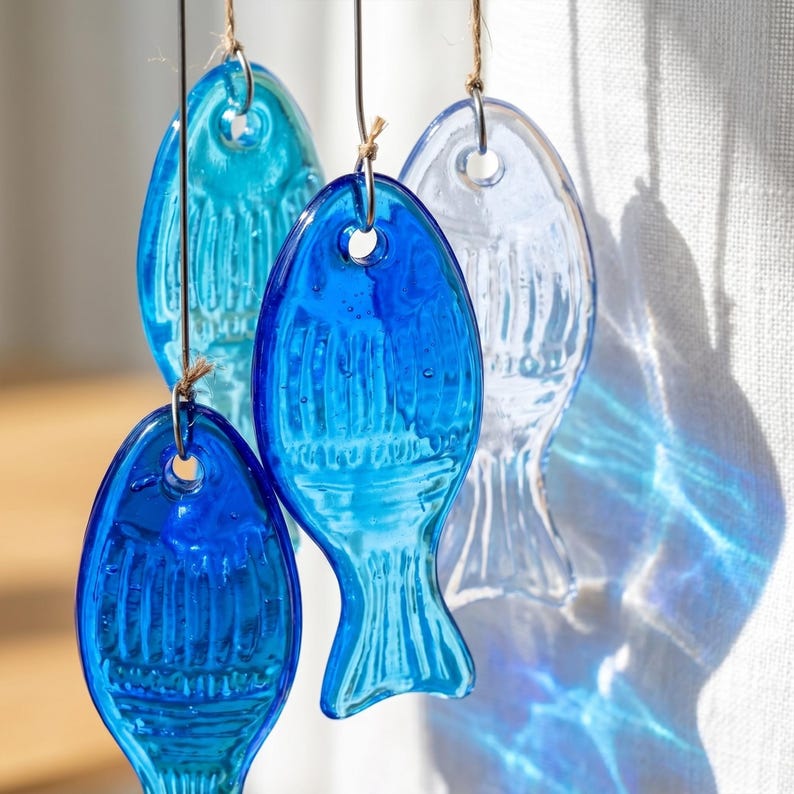 Carillon éolien suspendu en verre bleu motif étoile de mer et poisson, décoration murale côtière pour maison de plage