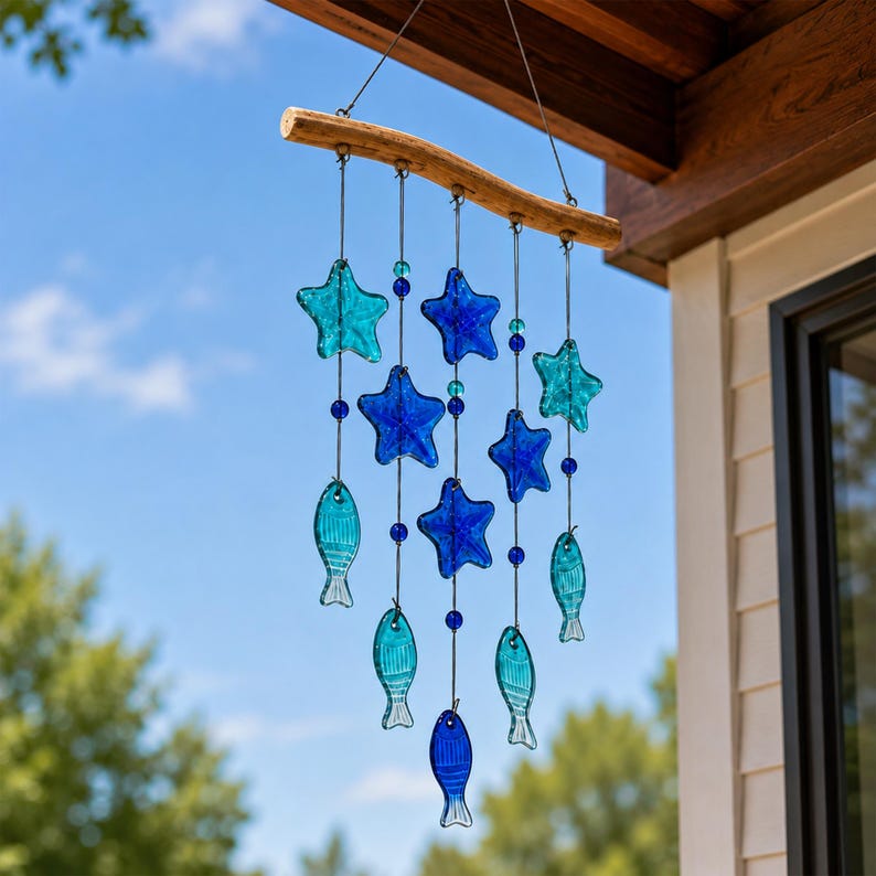 Carillon éolien suspendu en verre bleu motif étoile de mer et poisson, décoration murale côtière pour maison de plage
