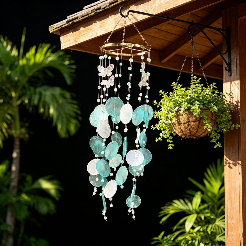 Carillon éolien en coquillages capiz turquoise et blanc avec papillons et perles vertes et blanches, 34 coquillages, extérieur et intérieur, 74 cm