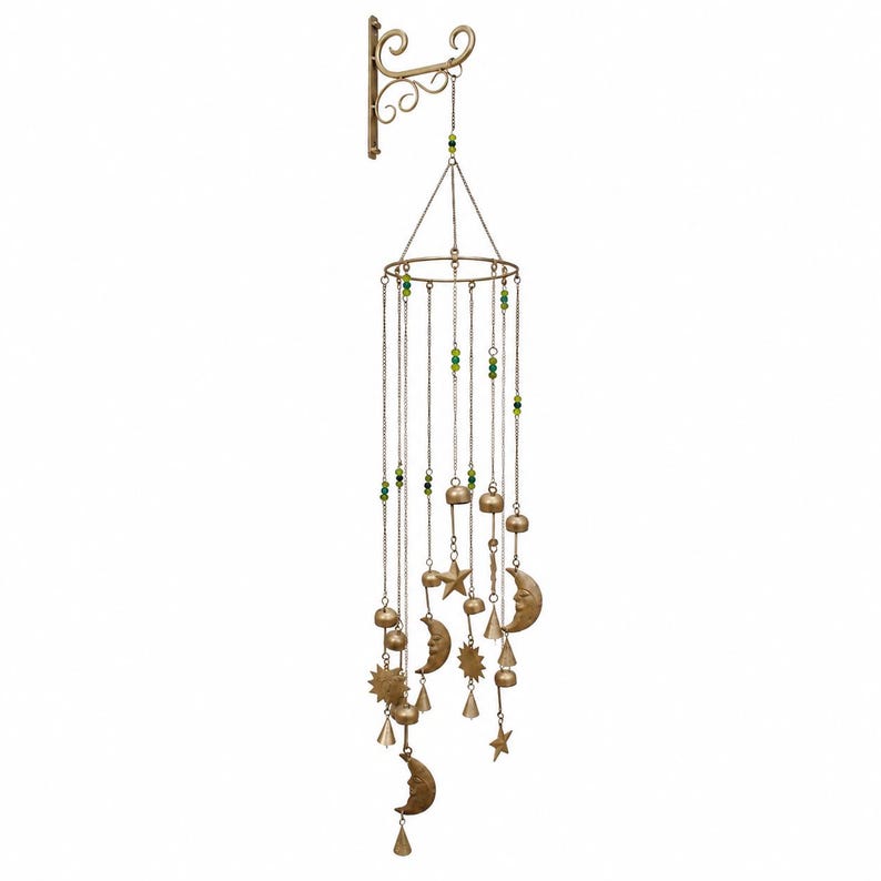 Carillon éolien galaxie en fer et perles de verre, décor lune, soleil et étoiles, suspension 92 cm, intérieur extérieur