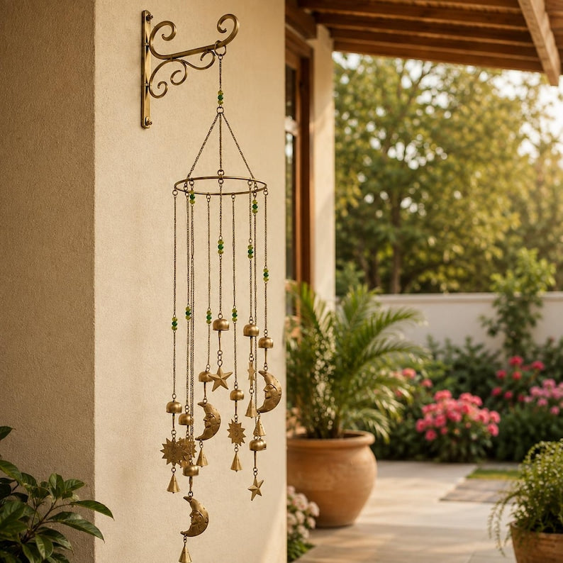 Carillon éolien galaxie en fer et perles de verre, décor lune, soleil et étoiles, suspension 92 cm, intérieur extérieur
