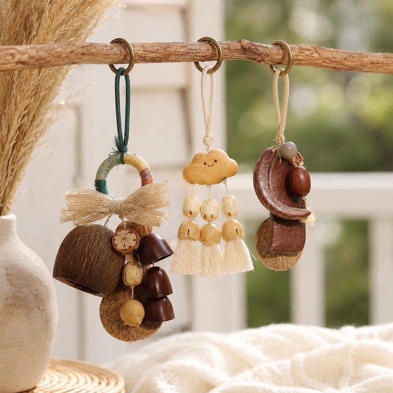 Carillon éolien en coquille de noix naturelle avec perles de bois et cordon en coton, décoration suspendue bohème pour patio, balcon et salle de méditation