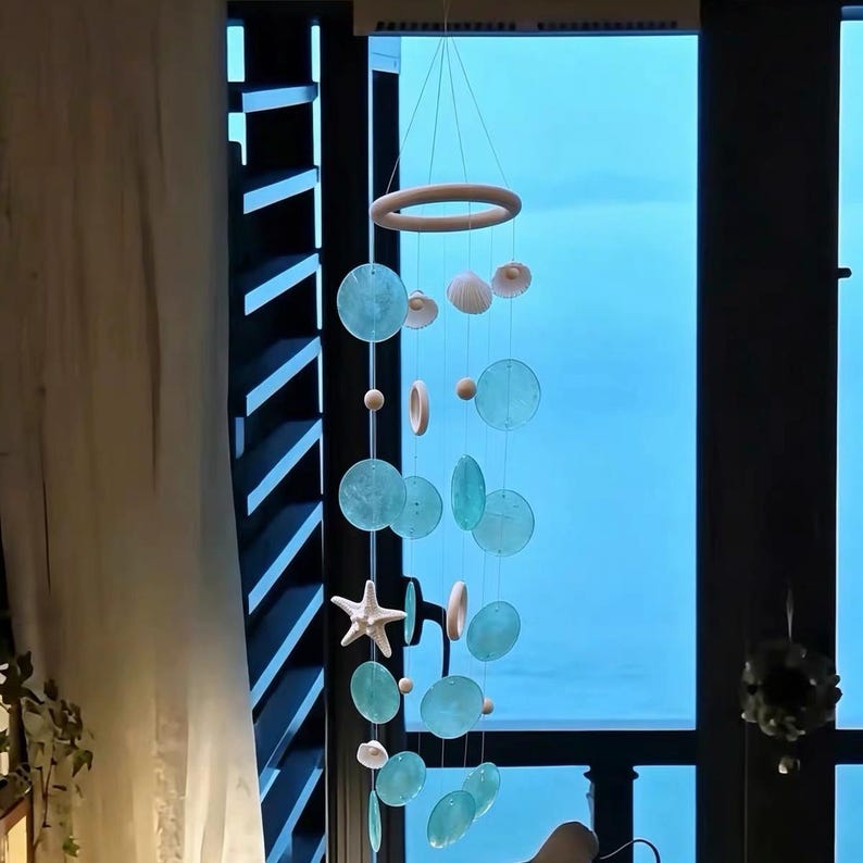 Carillon éolien bleu en forme d'étoile de mer et de coquillage, décoration suspendue pour maison de plage, balcon et terrasse, thème océan