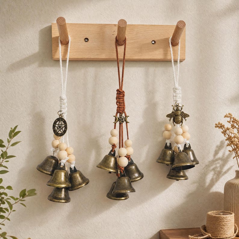 Clochettes de sorcière à suspendre pour porte, style rustique bohème, décoration murale pour entrée, cuivre et corde en coton