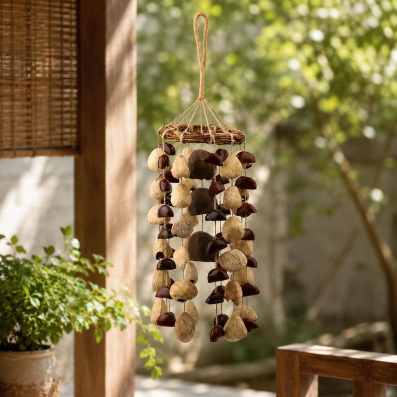 Carillon éolien 23 pouces en coquillages de fruits, 68 coquillages mélangés, sons naturels, décoration de balcon et cour