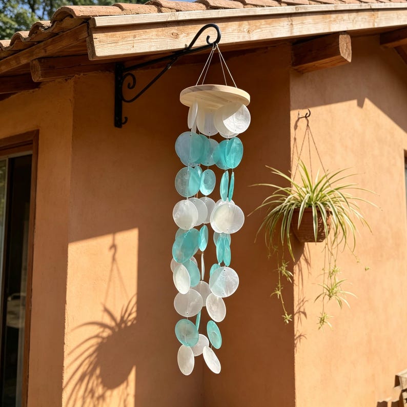Carillon éolien en coquillages capiz turquoise et blancs, support en bois naturel, décoration suspendue pour terrasse et porche
