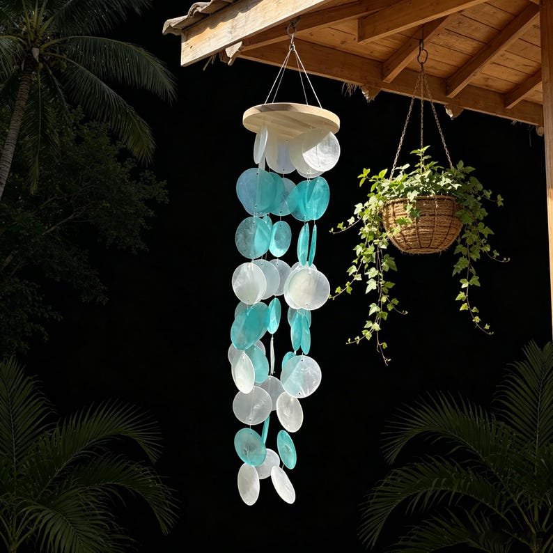 Carillon éolien en coquillages capiz turquoise et blancs, support en bois naturel, décoration suspendue pour terrasse et porche