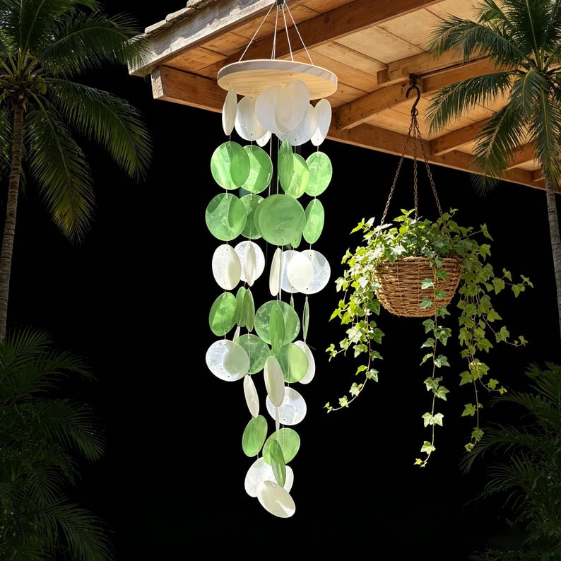 Carillon éolien en coquillages de capiz verts et blancs, décoration suspendue pour porche et jardin, 51 coquillages, 68 cm