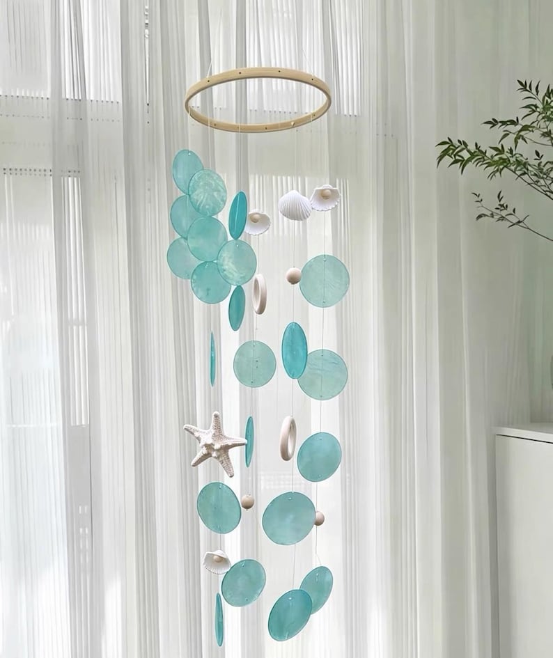 Carillon éolien bleu en forme d'étoile de mer et de coquillage, décoration suspendue pour maison de plage, balcon et terrasse, thème océan