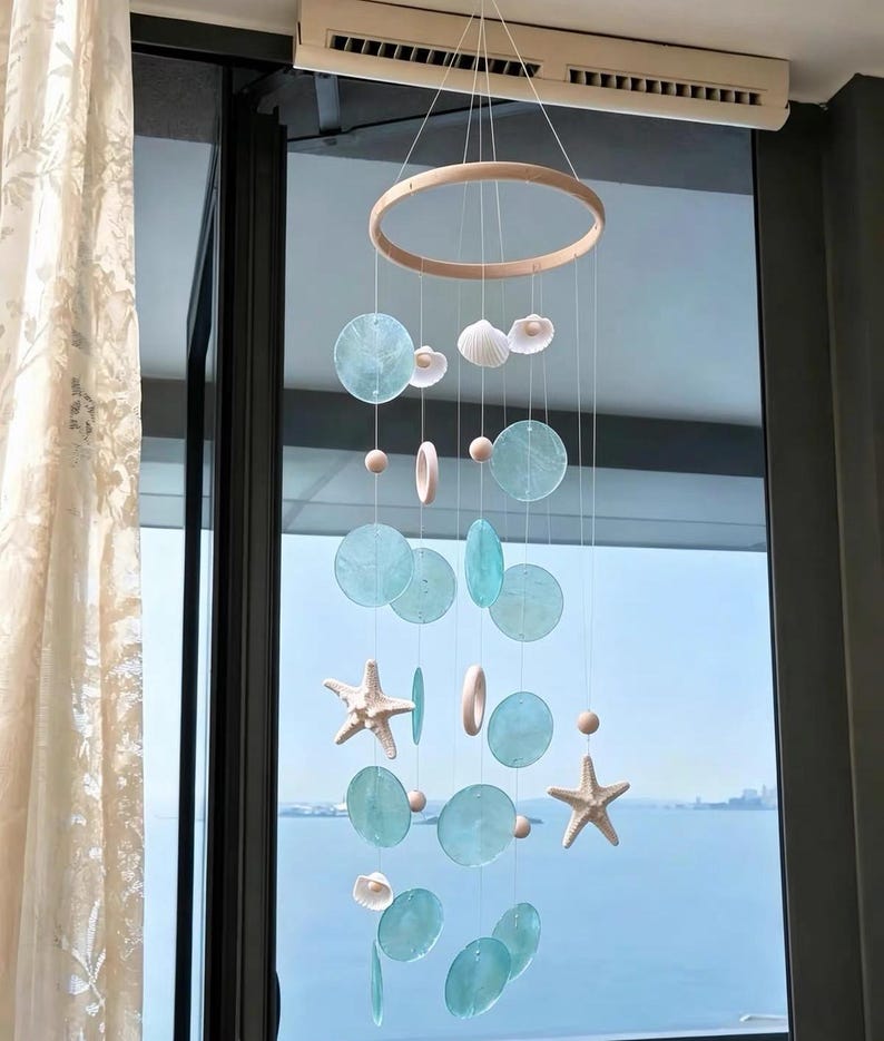 Carillon éolien bleu en forme d'étoile de mer et de coquillage, décoration suspendue pour maison de plage, balcon et terrasse, thème océan