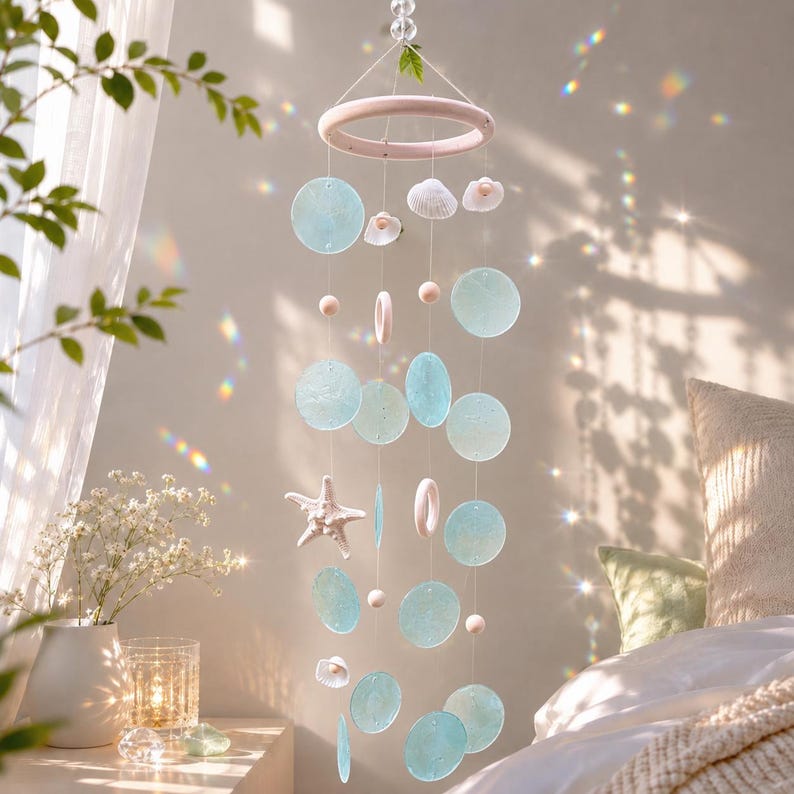 Carillon éolien bleu en forme d'étoile de mer et de coquillage, décoration suspendue pour maison de plage, balcon et terrasse, thème océan