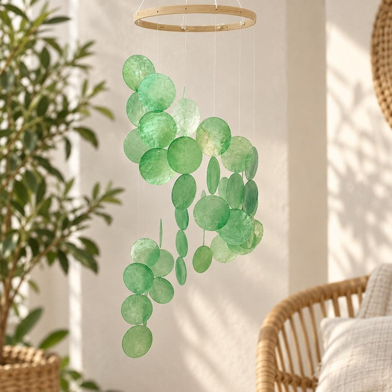 Carillon en coquillage suspendu bohème, décoration côtière pour maison de plage, attrape-soleil marin pour fenêtre et véranda, bleu océan