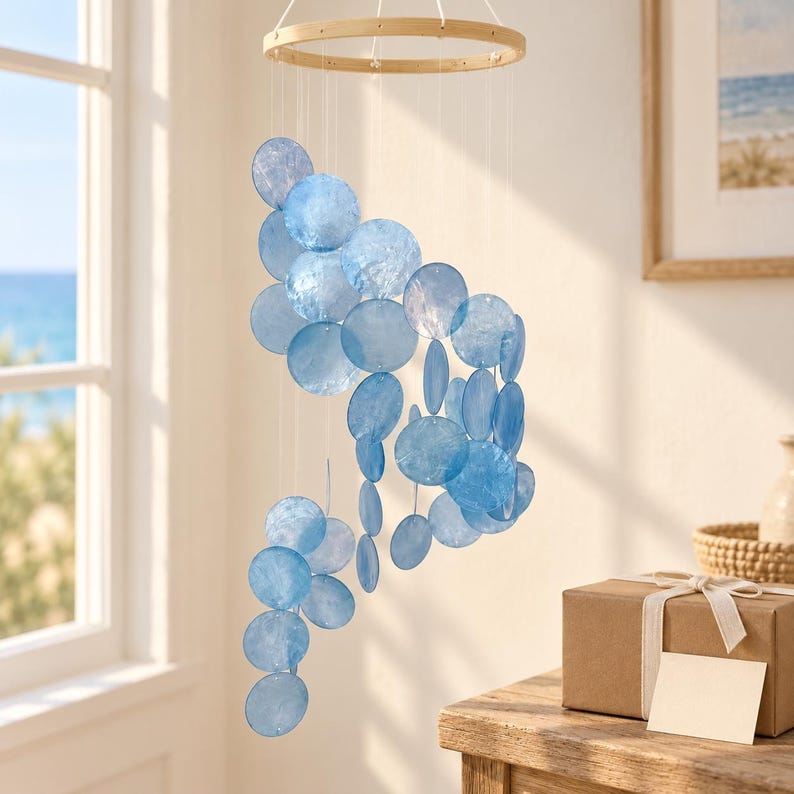 Carillon en coquillage suspendu bohème, décoration côtière pour maison de plage, attrape-soleil marin pour fenêtre et véranda, bleu océan