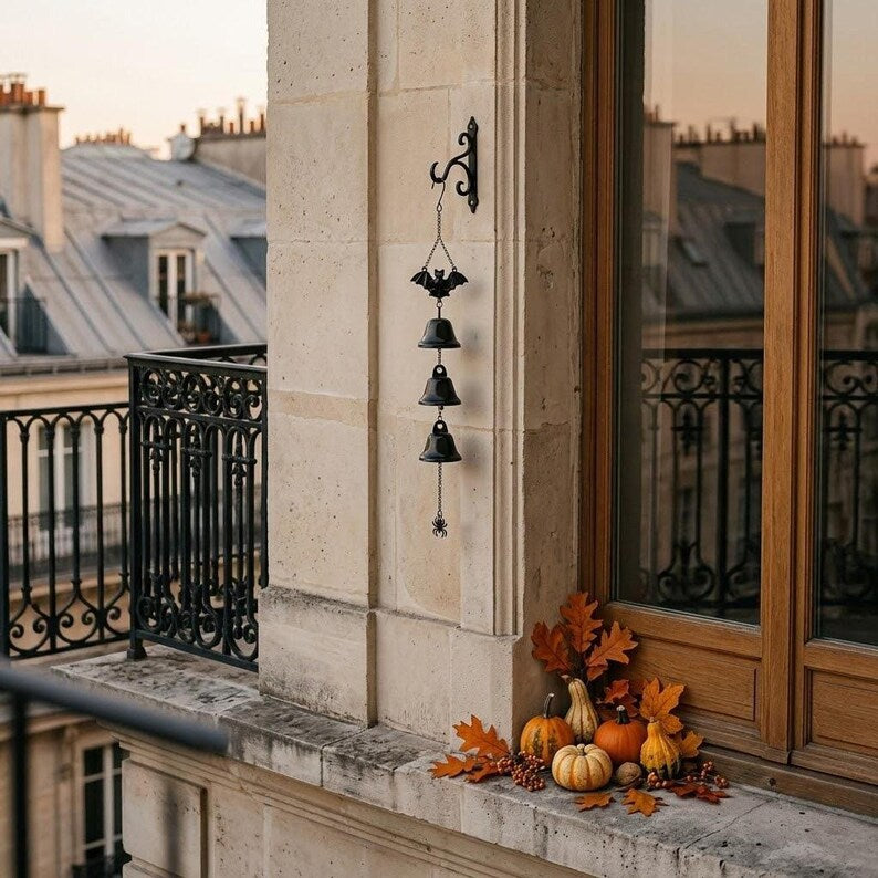 Carillon Éolien Suspendu en Forme de Chauve-Souris pour Halloween, Décorations Extérieures et Intérieures, Métal Noir