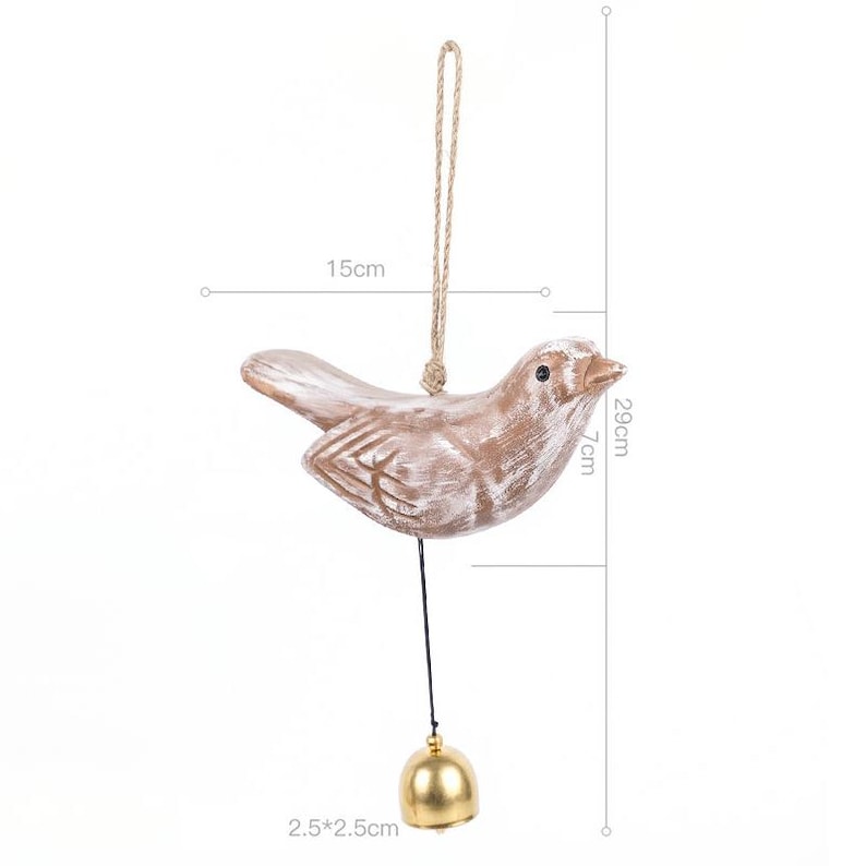 Carillon éolien en bois sculpté à la main, clochette métallique dorée, corde de jute, suspension décorative pour patio et jardin