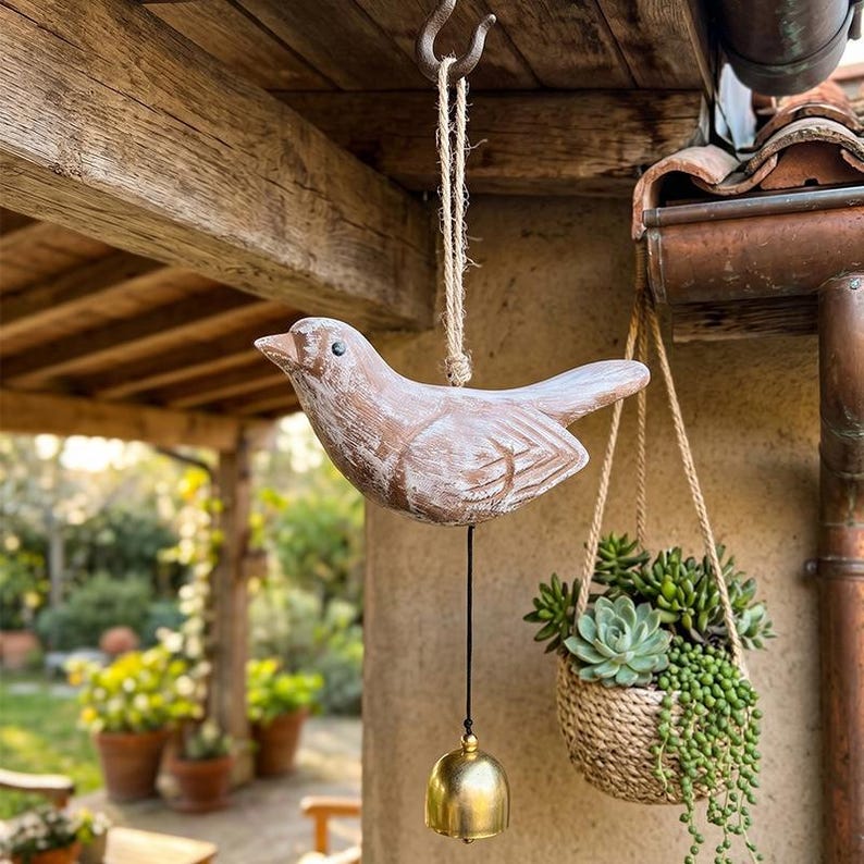 Carillon éolien en bois sculpté à la main, clochette métallique dorée, corde de jute, suspension décorative pour patio et jardin