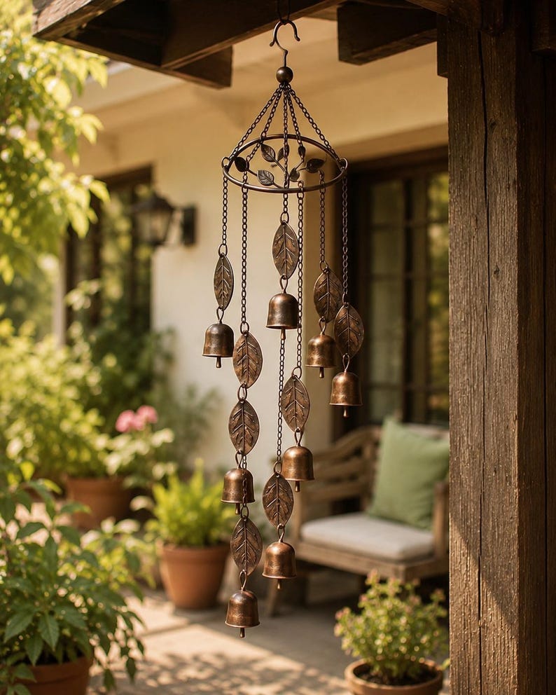 Carillon éolien en métal à clochettes forme de feuilles, finition cuivre vieilli, suspension décorative extérieure pour jardin, patio et balcon, 55 cm