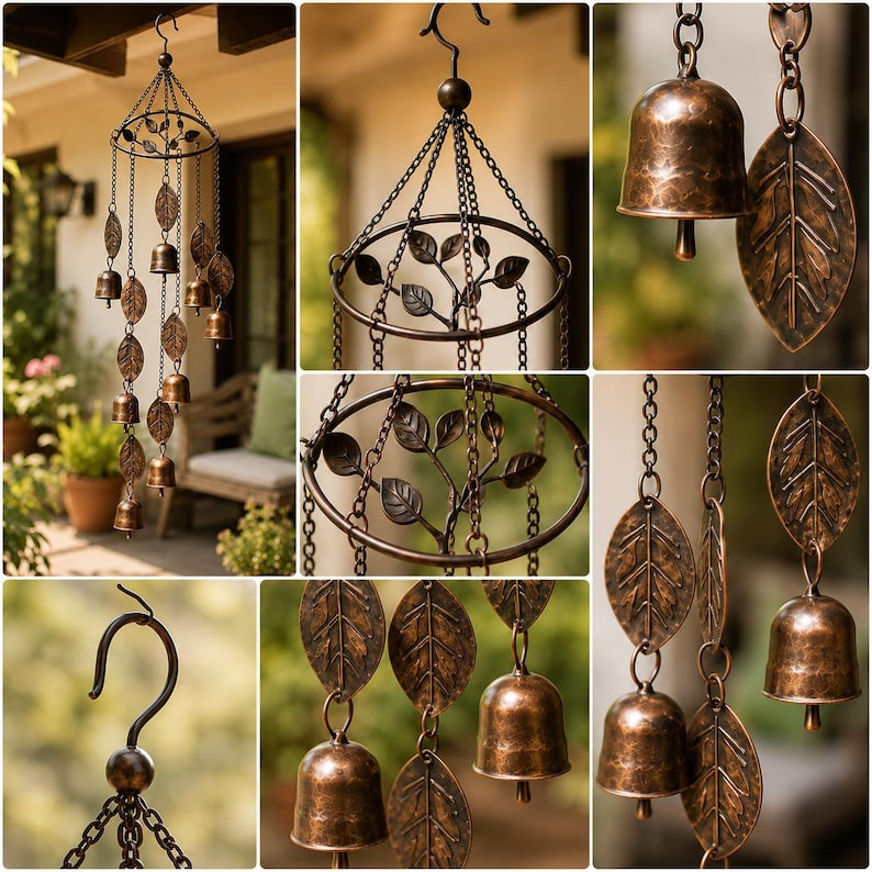 Carillon éolien en métal à clochettes forme de feuilles, finition cuivre vieilli, suspension décorative extérieure pour jardin, patio et balcon, 55 cm