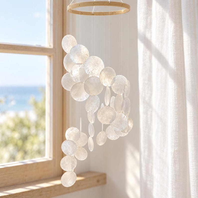 Carillon en coquillage suspendu bohème, décoration côtière pour maison de plage, attrape-soleil marin pour fenêtre et véranda, bleu océan