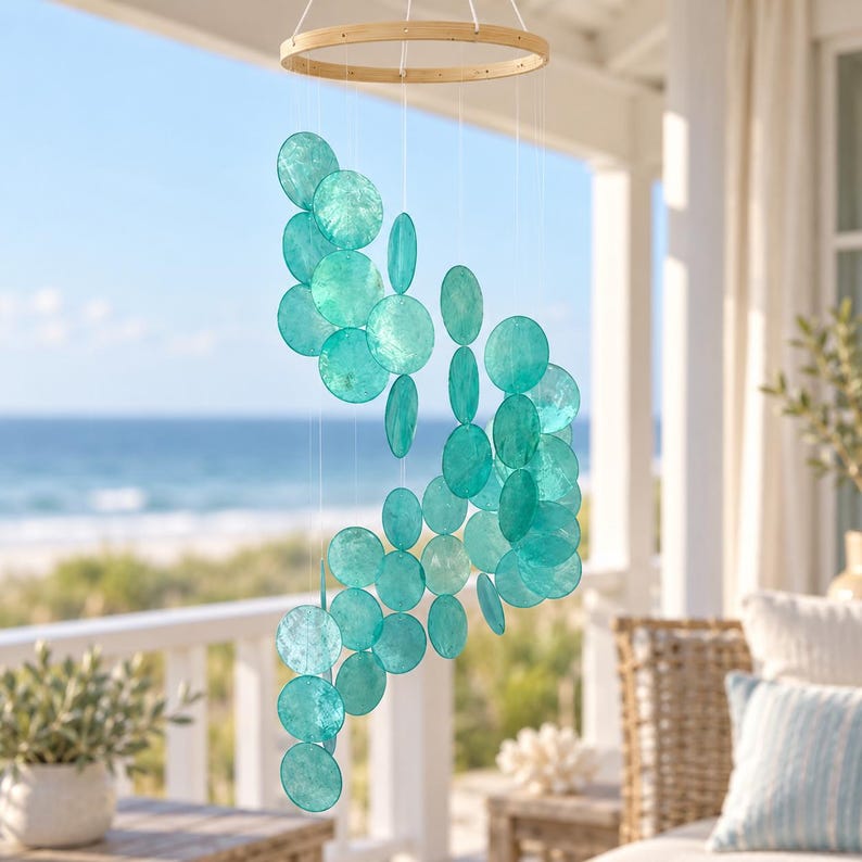 Carillon en coquillage suspendu bohème, décoration côtière pour maison de plage, attrape-soleil marin pour fenêtre et véranda, bleu océan