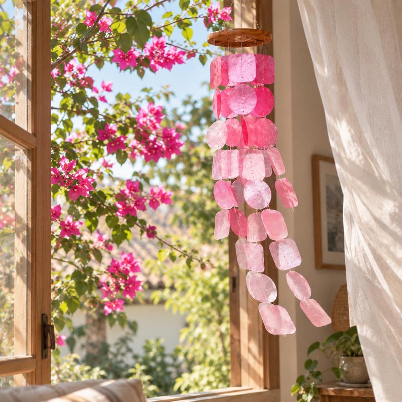 Carillon Éolien en Coquillages de Capiz Rose Bohème, Décoration Suspendue Tropicale, 60 cm, Bois et Capiz, Intérieur et Extérieur