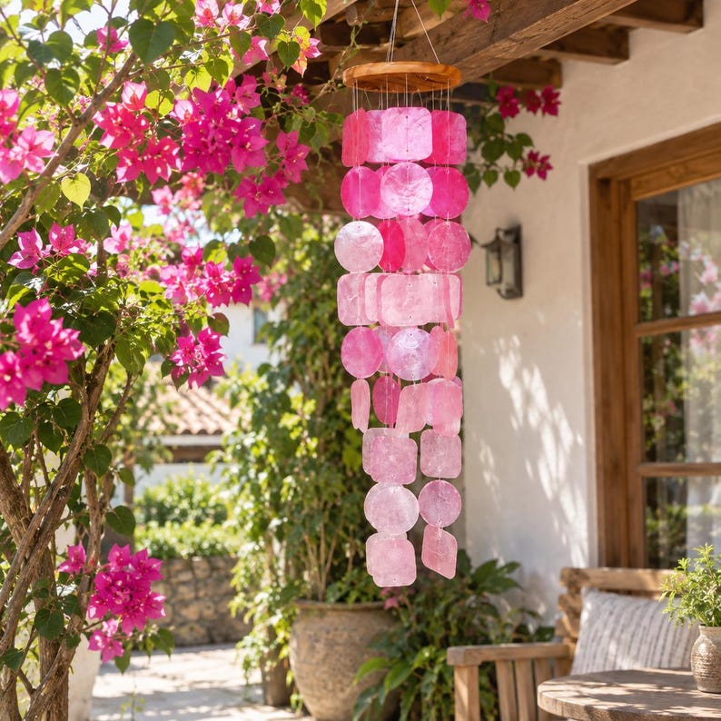 Carillon Éolien en Coquillages de Capiz Rose Bohème, Décoration Suspendue Tropicale, 60 cm, Bois et Capiz, Intérieur et Extérieur