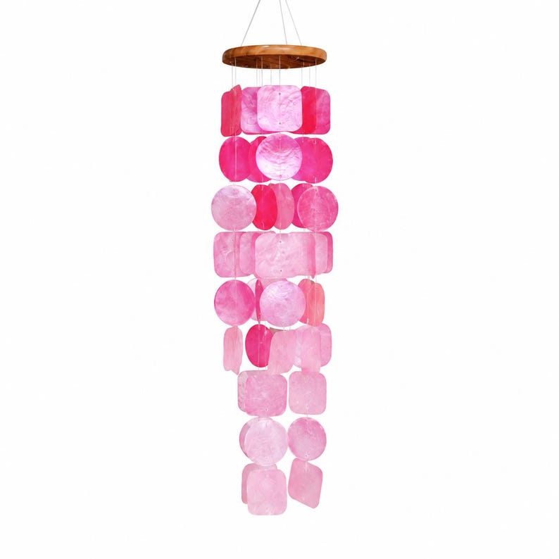 Carillon Éolien en Coquillages de Capiz Rose Bohème, Décoration Suspendue Tropicale, 60 cm, Bois et Capiz, Intérieur et Extérieur