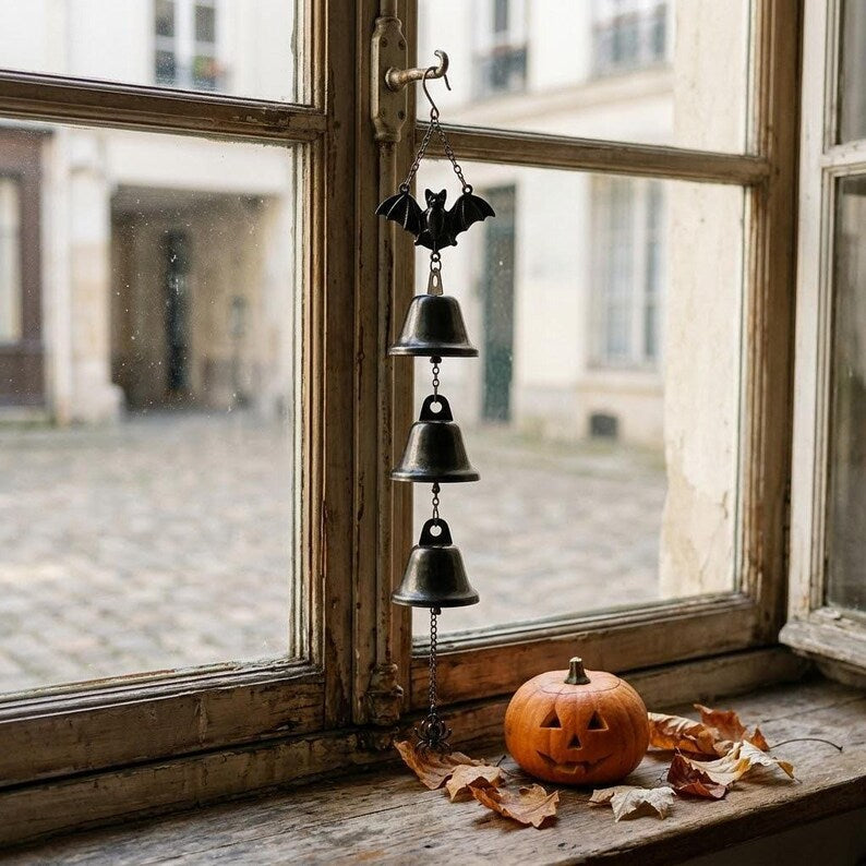 Carillon Éolien Suspendu en Forme de Chauve-Souris pour Halloween, Décorations Extérieures et Intérieures, Métal Noir